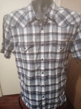 Lucky Brand Men's XL Western Shirt Plaid Pearl Snap SS Blue White